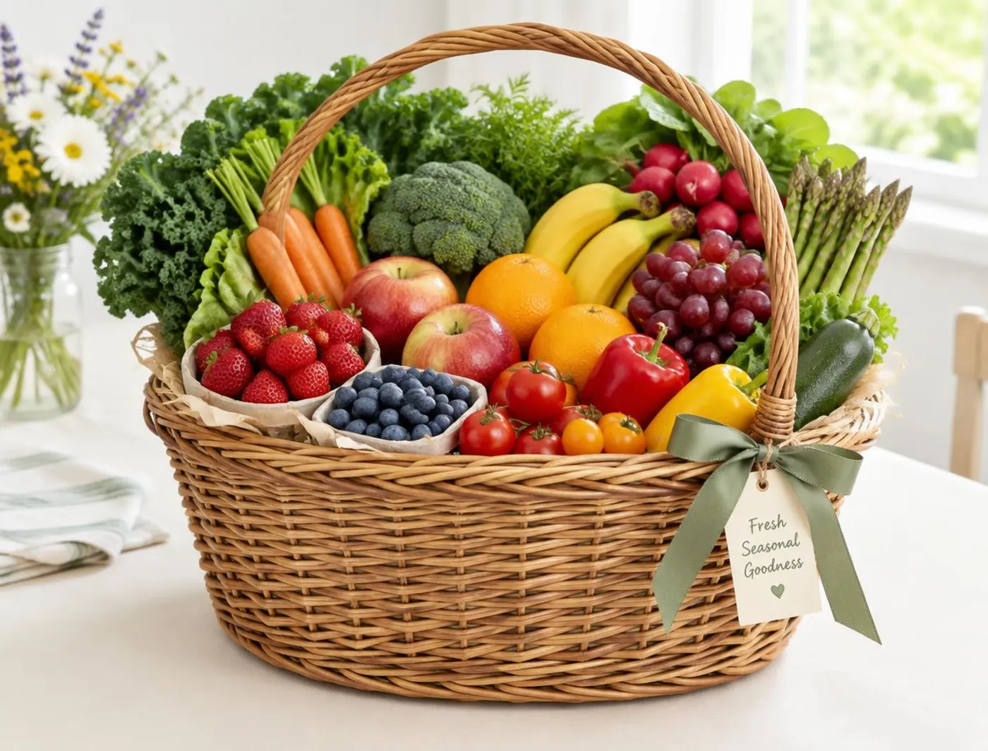 Cesta de mimbre con fruta y verdura fresca de temporada preparada por encargo