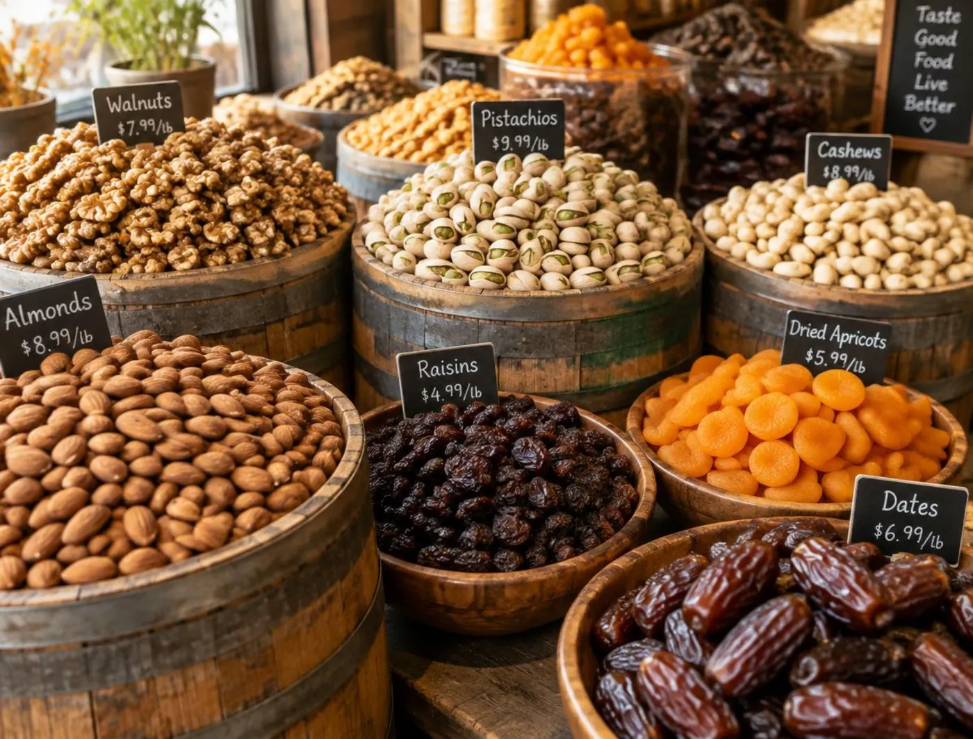 Barriles con almendras, nueces, pistachos, anacardos, pasas, orejones y dátiles